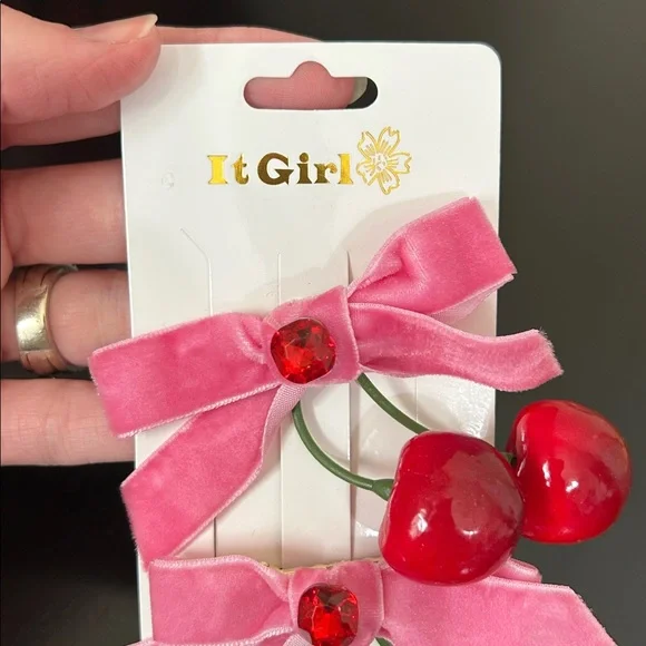 It Girl Pink Cherry Hair Clips with Velvet Ribbon Bow Set of 2 Barrettes New - Picture 2 of 9